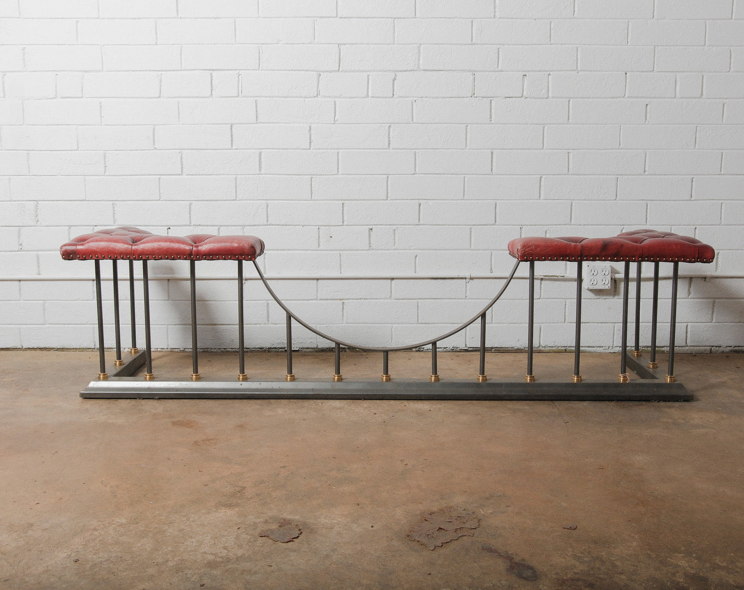 Chesterfield Leather and Iron Fireplace Club Fender with Tufted Burgundy Seating