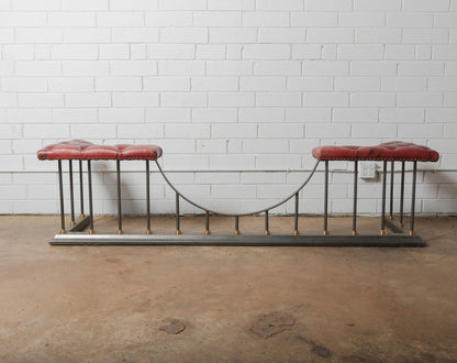Chesterfield Leather and Iron Fireplace Club Fender with Tufted Burgundy Seating