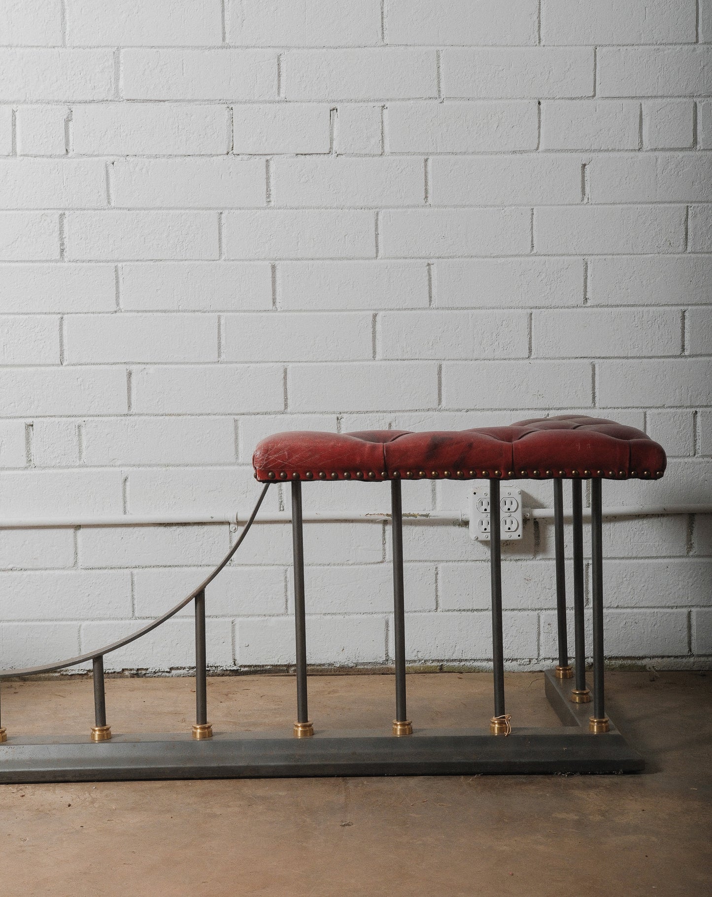 Chesterfield Leather and Iron Fireplace Club Fender with Tufted Burgundy Seating
