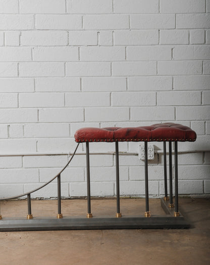 Chesterfield Leather and Iron Fireplace Club Fender with Tufted Burgundy Seating
