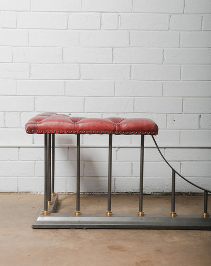 Chesterfield Leather and Iron Fireplace Club Fender with Tufted Burgundy Seating