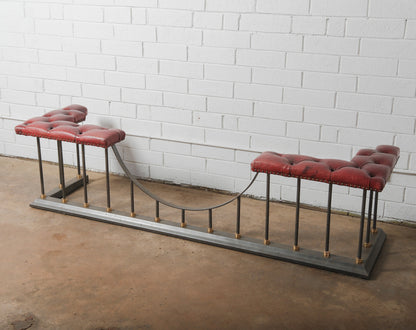 Chesterfield Leather and Iron Fireplace Club Fender with Tufted Burgundy Seating