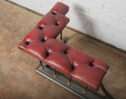 Chesterfield Leather and Iron Fireplace Club Fender with Tufted Burgundy Seating