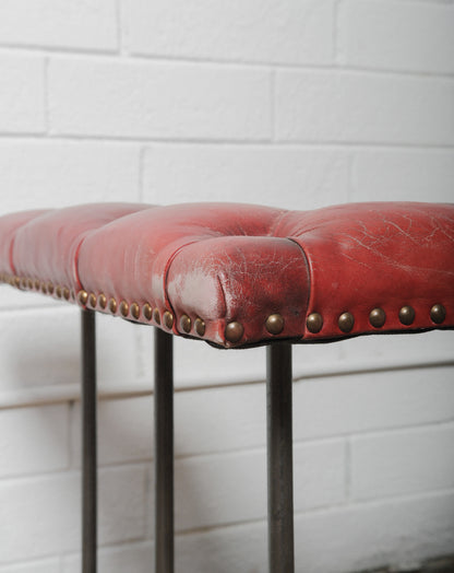 Chesterfield Leather and Iron Fireplace Club Fender with Tufted Burgundy Seating