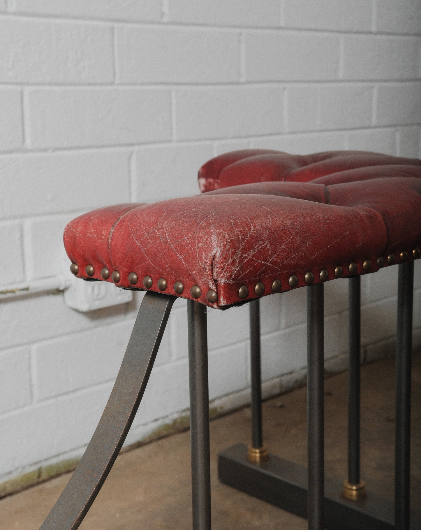 Chesterfield Leather and Iron Fireplace Club Fender with Tufted Burgundy Seating