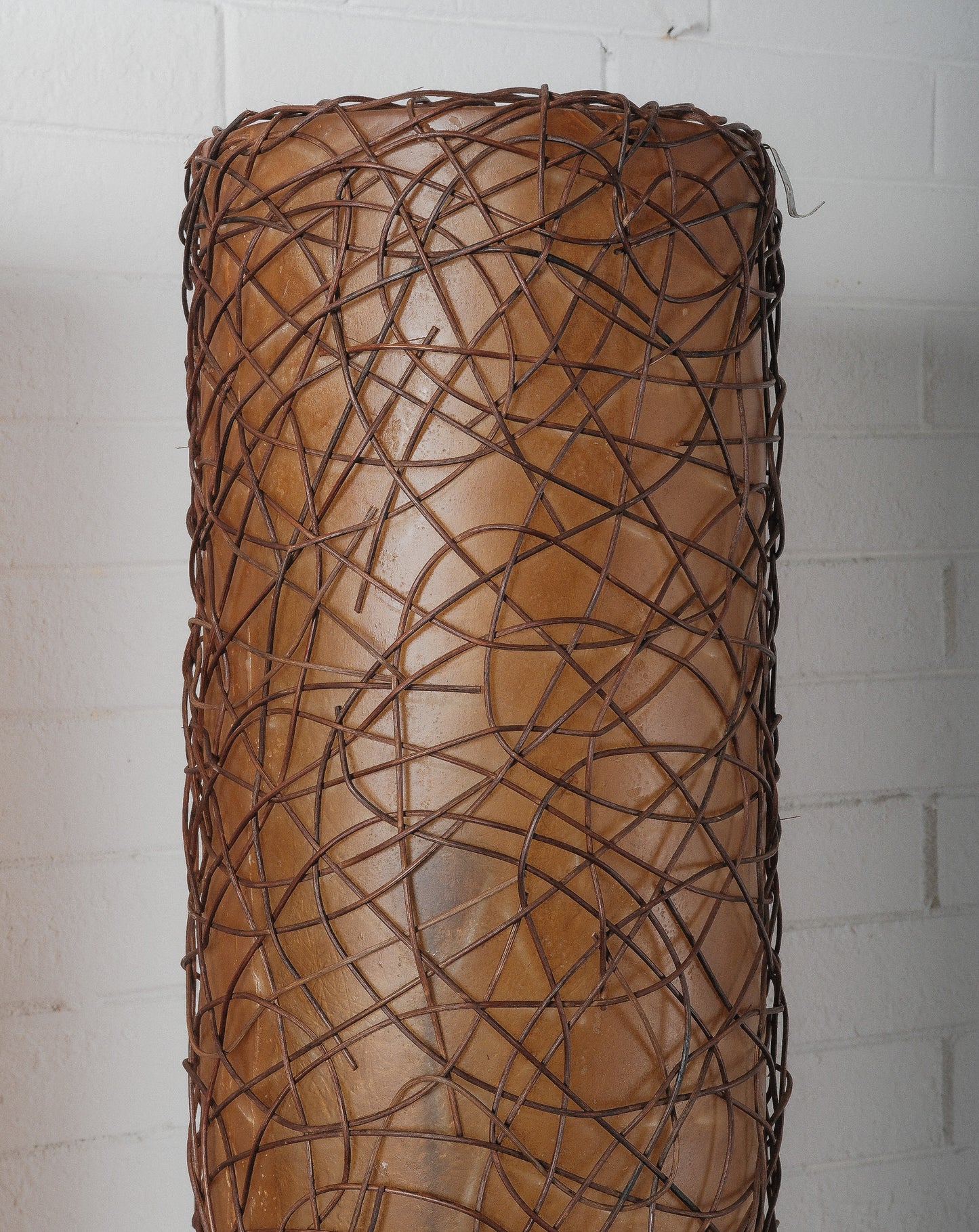 1960s Italian Fiberglass and Rattan Floor Lamp with Black Lacquered Wood Base