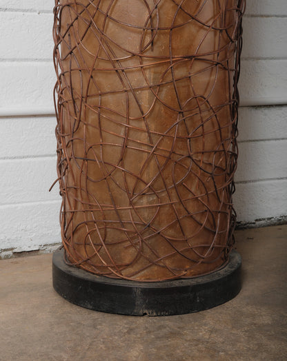 1960s Italian Fiberglass and Rattan Floor Lamp with Black Lacquered Wood Base