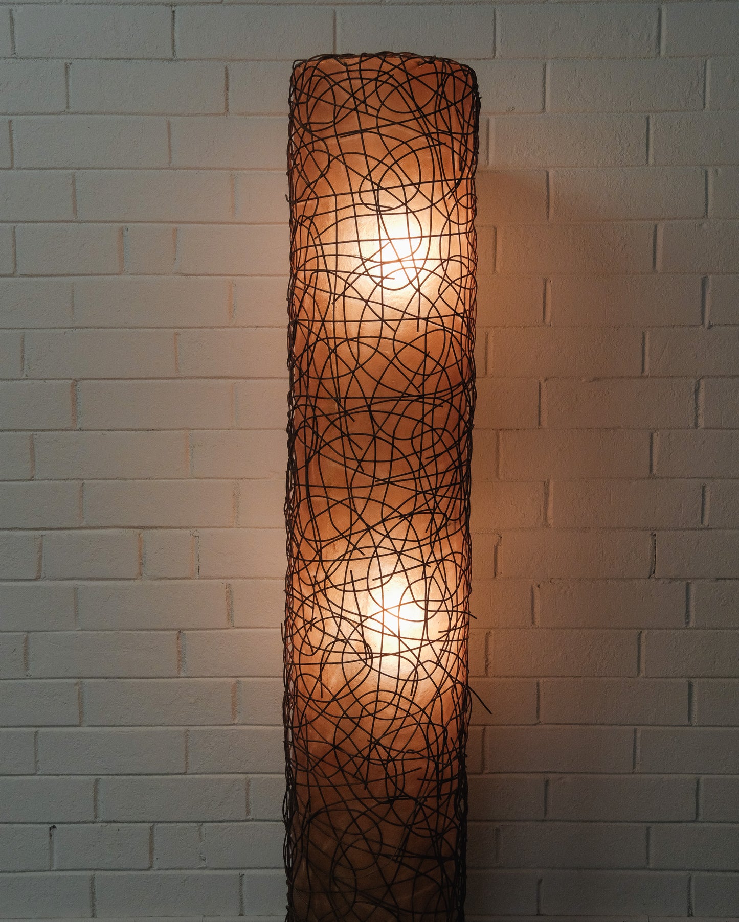 1960s Italian Fiberglass and Rattan Floor Lamp with Black Lacquered Wood Base