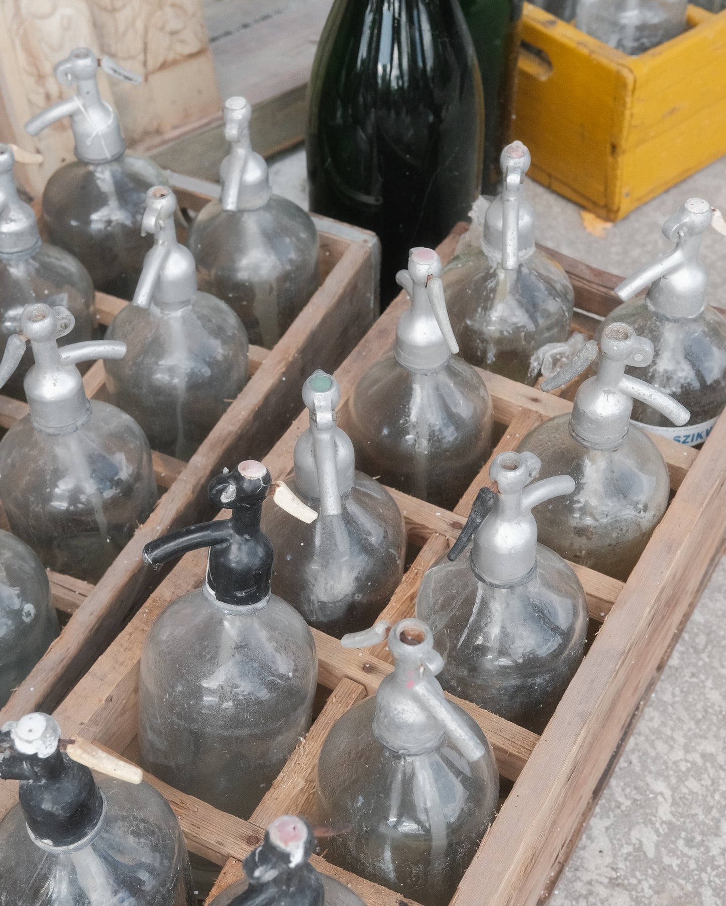 Vintage Soda Siphon Bottles in Wooden Crate