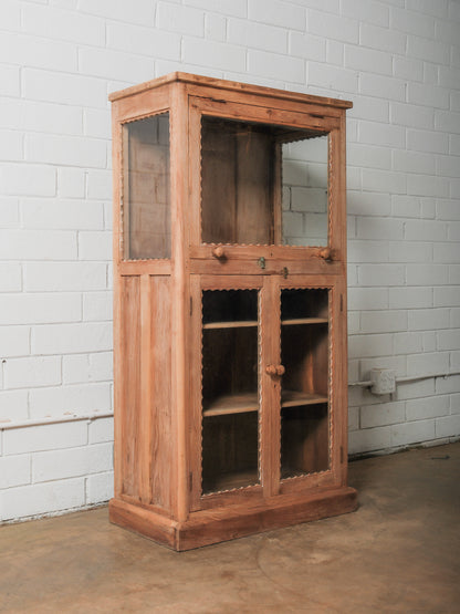 Vintage Wooden Glass Display Cabinet with Scalloped Trim and Dual-Sided Doors