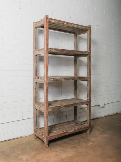 Vintage Wooden Open Shelving Unit with Slatted Shelves and Weathered Patina