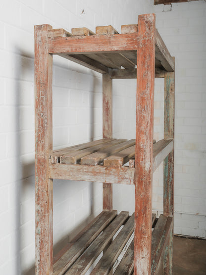 Vintage Wooden Open Shelving Unit with Slatted Shelves and Weathered Patina