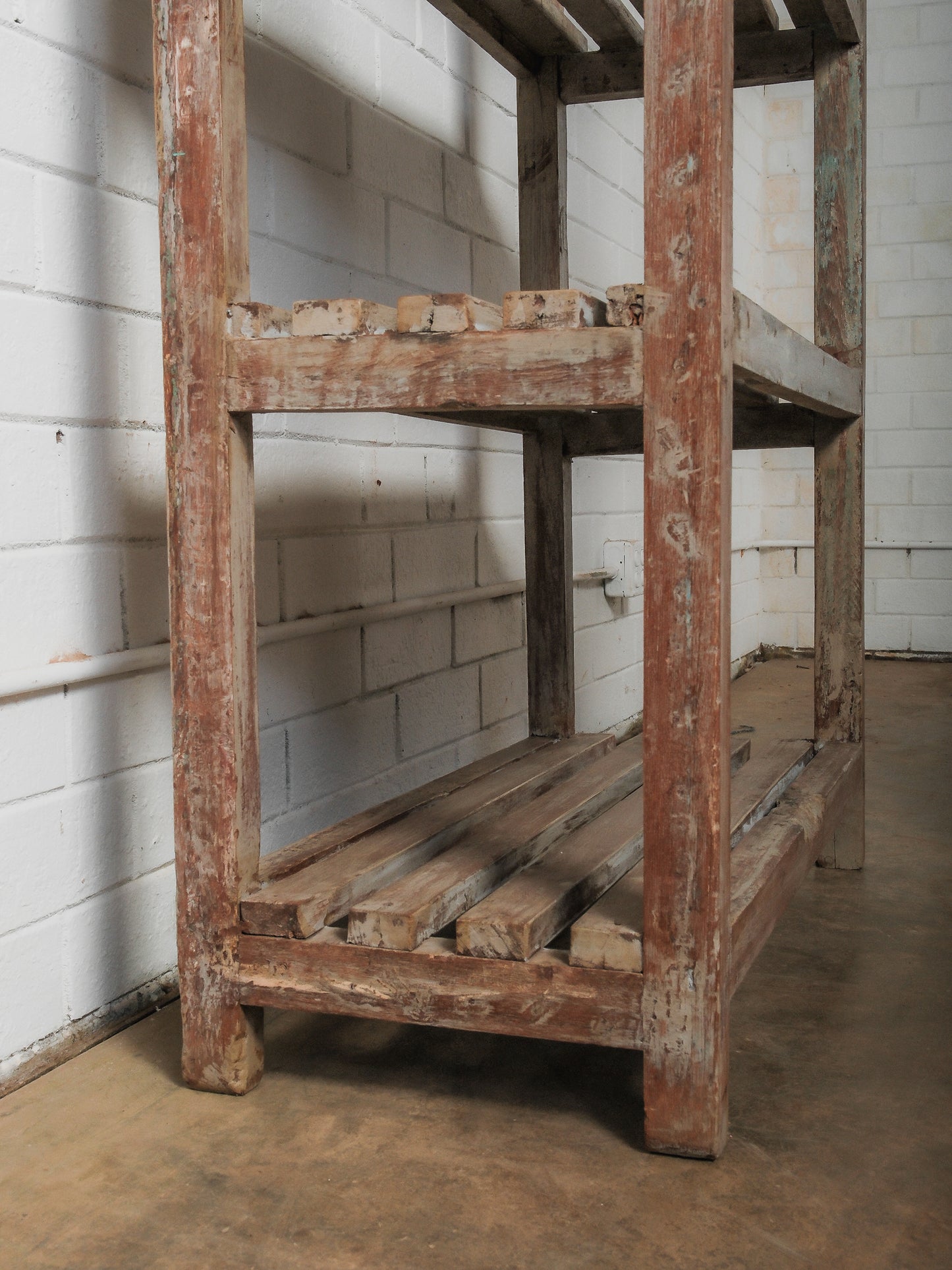 Vintage Wooden Open Shelving Unit with Slatted Shelves and Weathered Patina