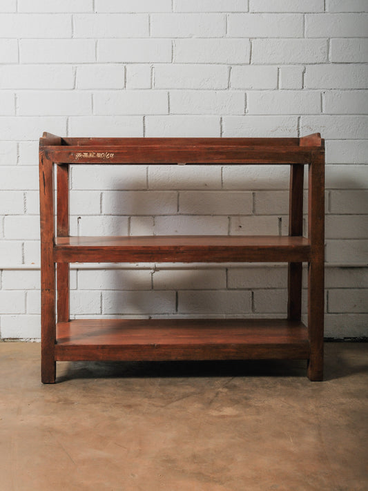 Vintage Solid Wood Three-Tier Open Shelving Unit with Warm Patina