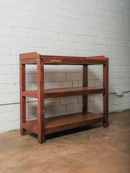 Vintage Solid Wood Three-Tier Open Shelving Unit with Warm Patina