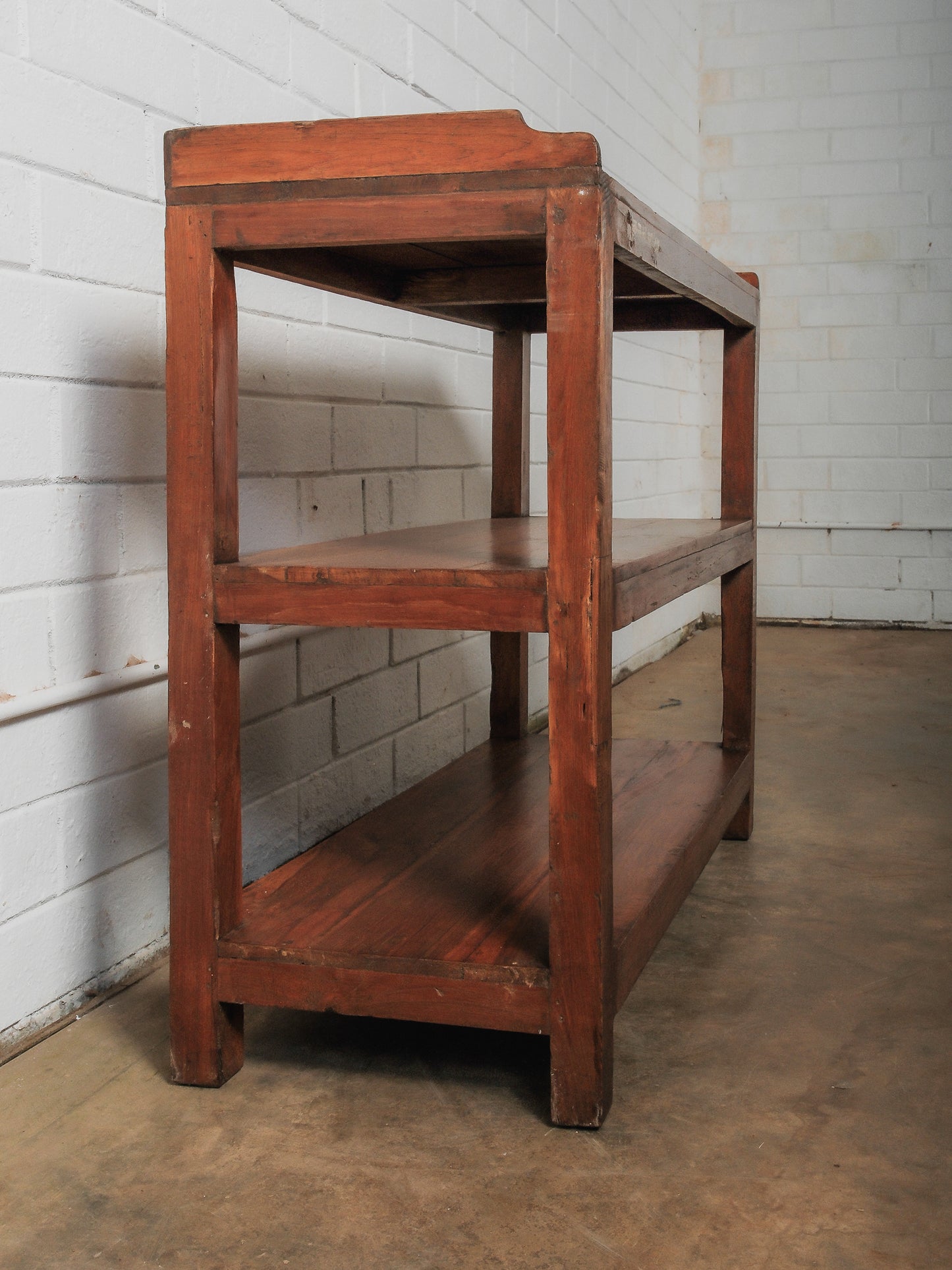 Vintage Solid Wood Three-Tier Open Shelving Unit with Warm Patina