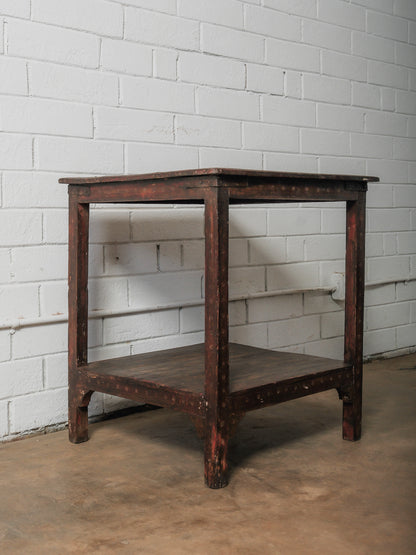 Rustic Solid Wood Side Table with Lower Shelf and Patina