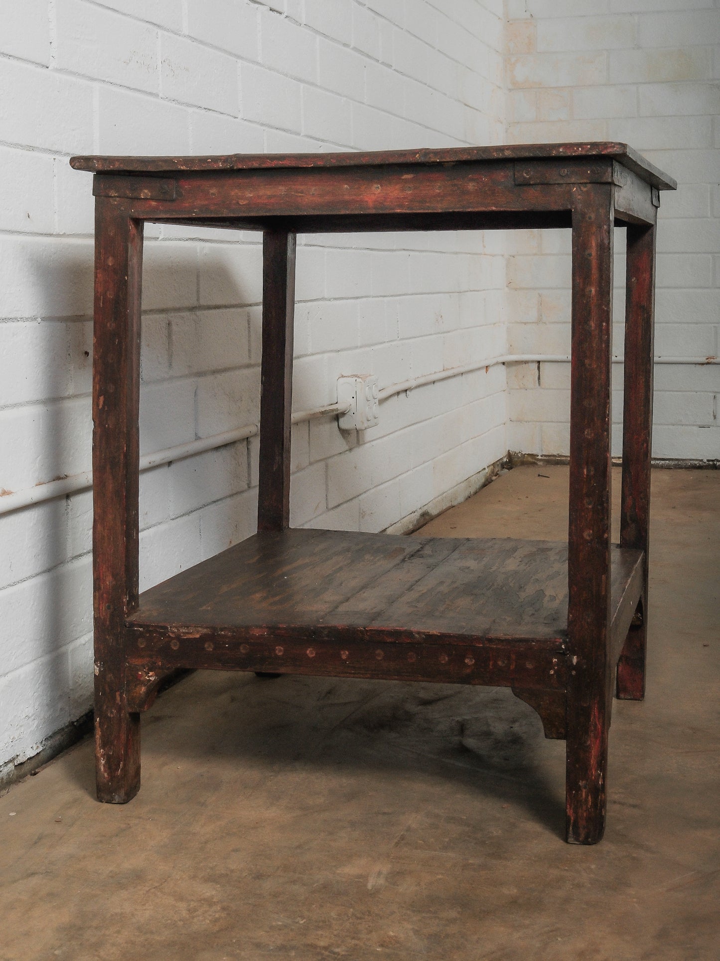 Rustic Solid Wood Side Table with Lower Shelf and Patina