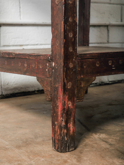 Rustic Solid Wood Side Table with Lower Shelf and Patina