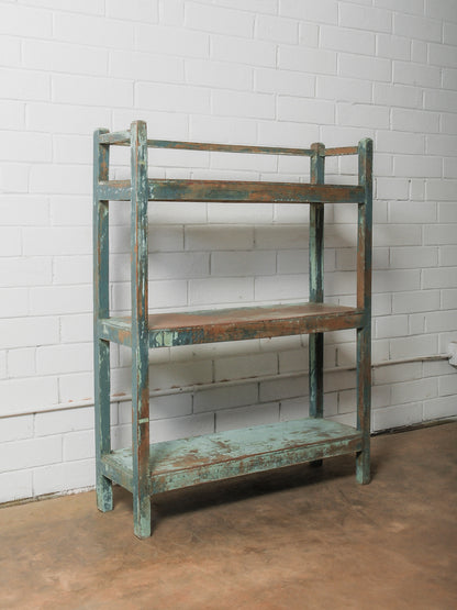 Handcrafted Wooden Shelf with Original Distressed Blue-Green Paint