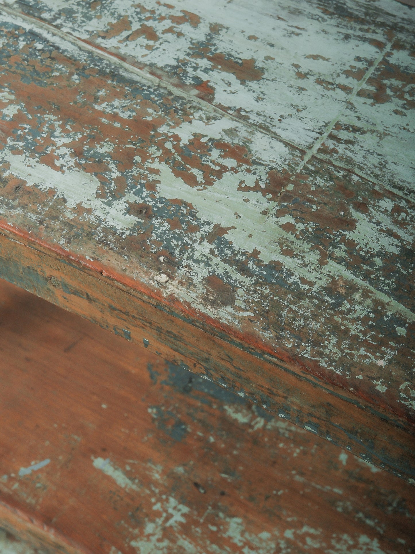 Handcrafted Wooden Shelf with Original Distressed Blue-Green Paint