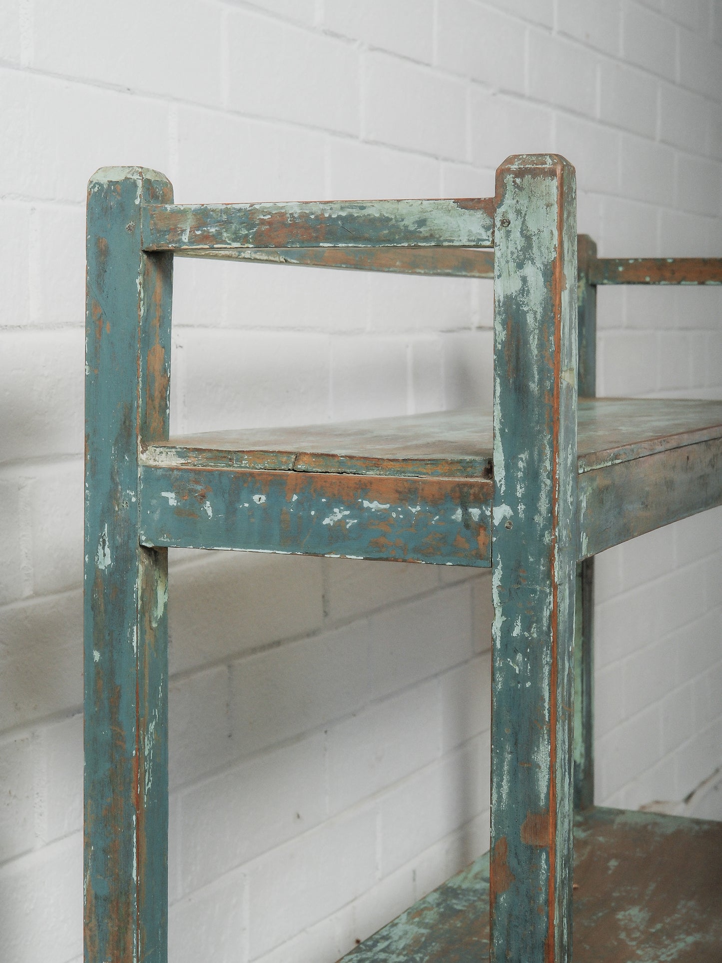 Handcrafted Wooden Shelf with Original Distressed Blue-Green Paint