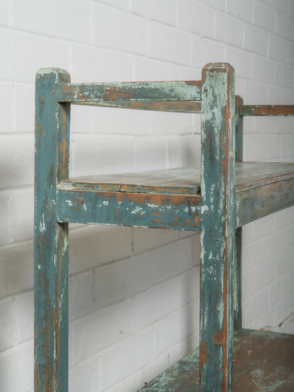 Handcrafted Wooden Shelf with Original Distressed Blue-Green Paint