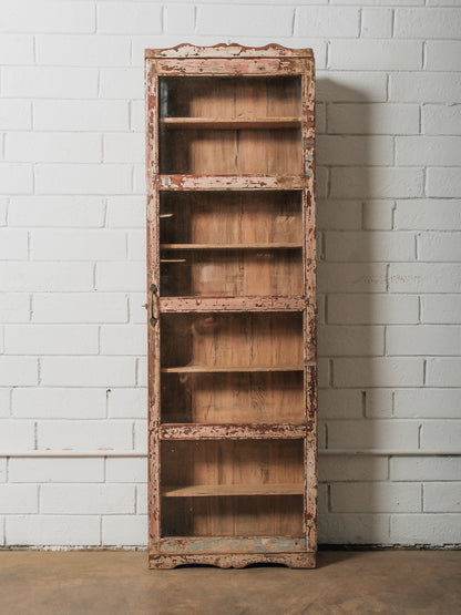 Tall Narrow Distressed Wooden Glass Front Showcase Cabinet with Original Patina