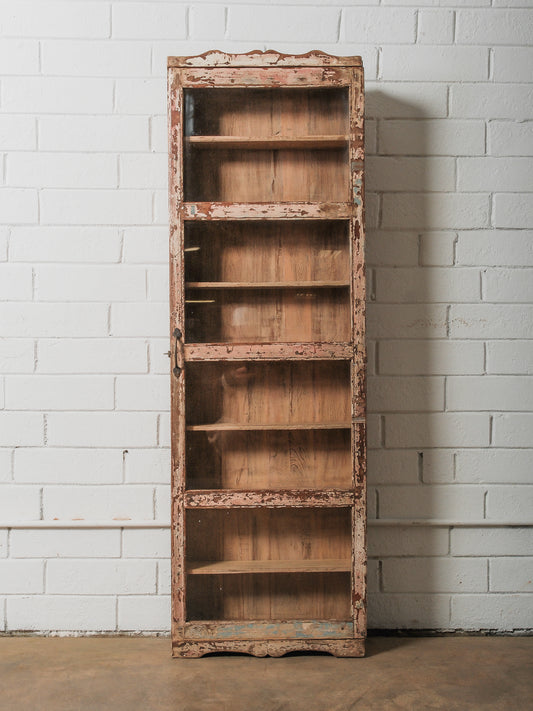 Tall Narrow Distressed Wooden Glass Front Showcase Cabinet with Original Patina