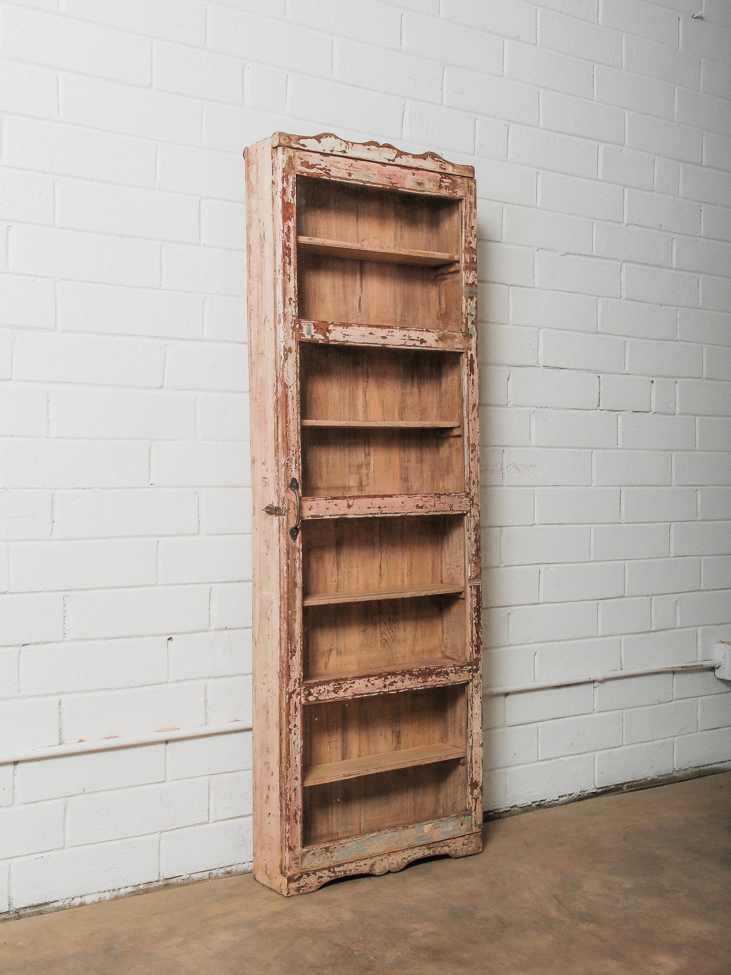 Tall Narrow Distressed Wooden Glass Front Showcase Cabinet with Original Patina