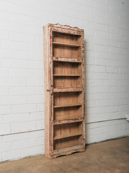 Tall Narrow Distressed Wooden Glass Front Showcase Cabinet with Original Patina
