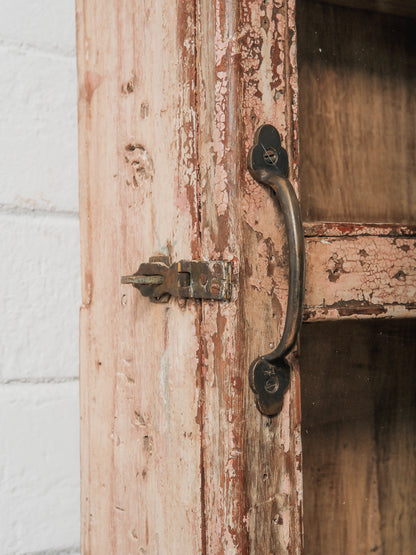 Tall Narrow Distressed Wooden Glass Front Showcase Cabinet with Original Patina