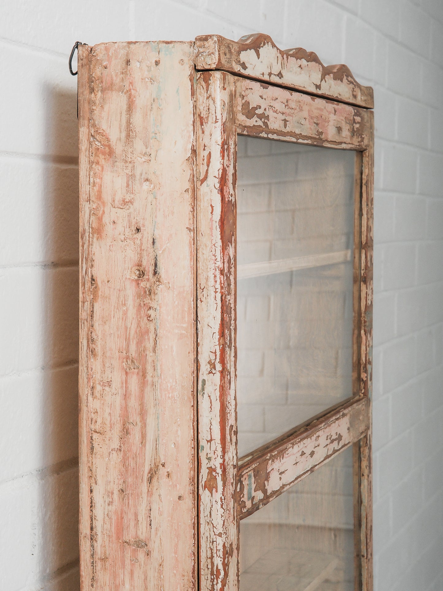 Tall Narrow Distressed Wooden Glass Front Showcase Cabinet with Original Patina