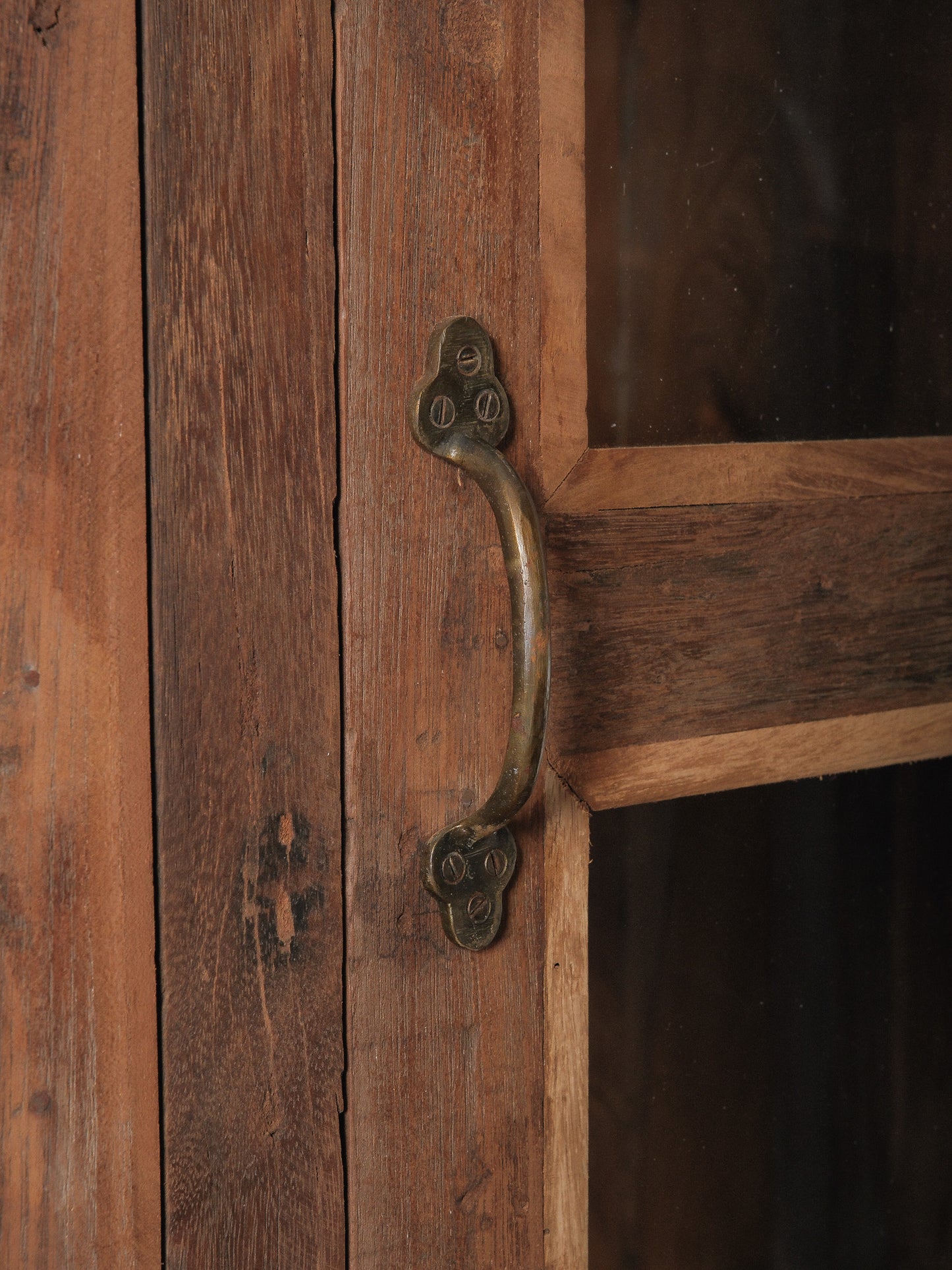 Wood and Glass Four-Door Display Cabinet with Patinated Finish