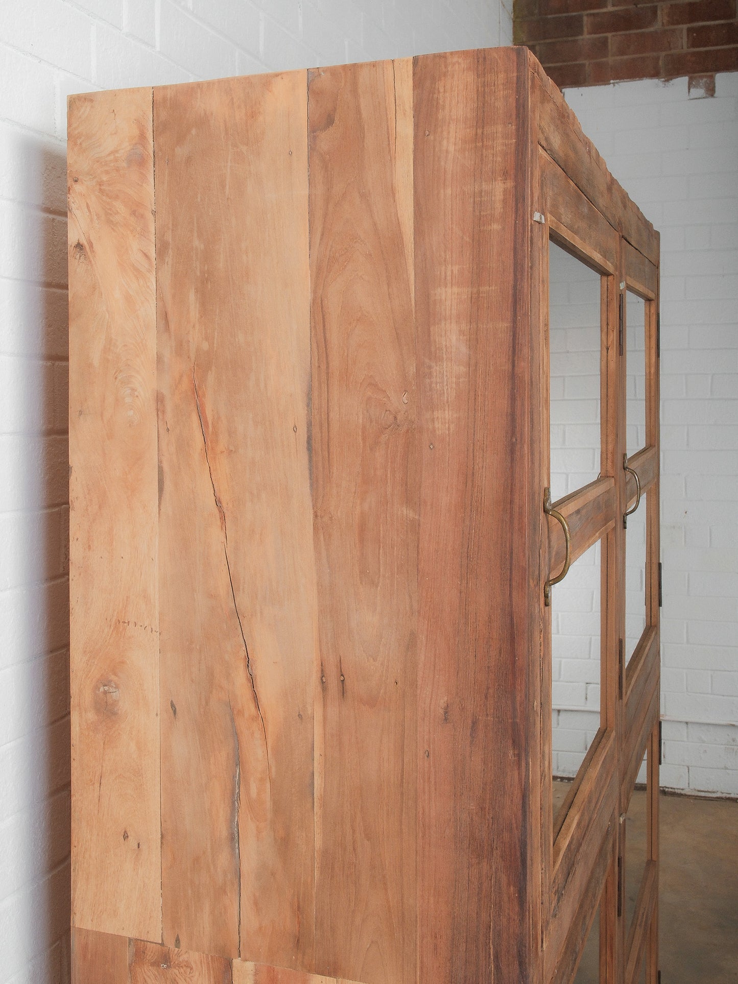 Wood and Glass Four-Door Display Cabinet with Patinated Finish