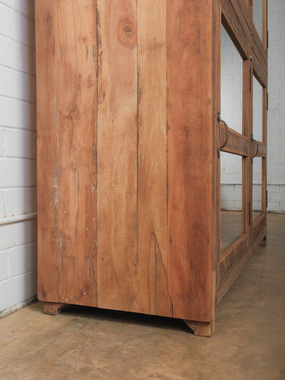 Wood and Glass Four-Door Display Cabinet with Patinated Finish
