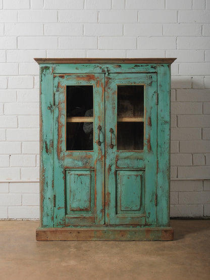 Weathered Green Painted Wood Cabinet with Glazed Doors and Brass Hardware