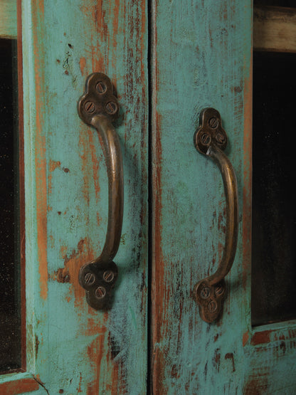 Weathered Green Painted Wood Cabinet with Glazed Doors and Brass Hardware