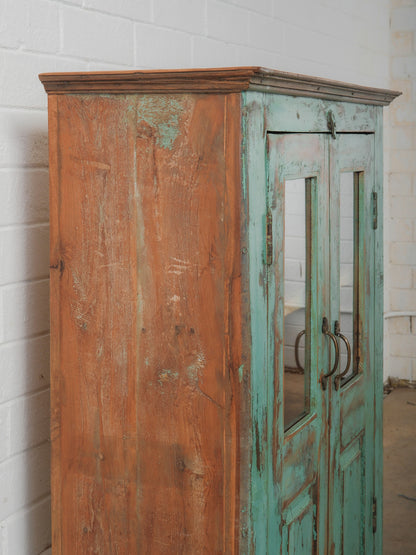 Weathered Green Painted Wood Cabinet with Glazed Doors and Brass Hardware