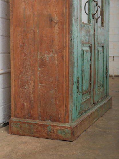 Weathered Green Painted Wood Cabinet with Glazed Doors and Brass Hardware