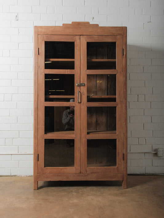 Wooden Glass-Front Almirah with Paneled Doors and Patinated Finish