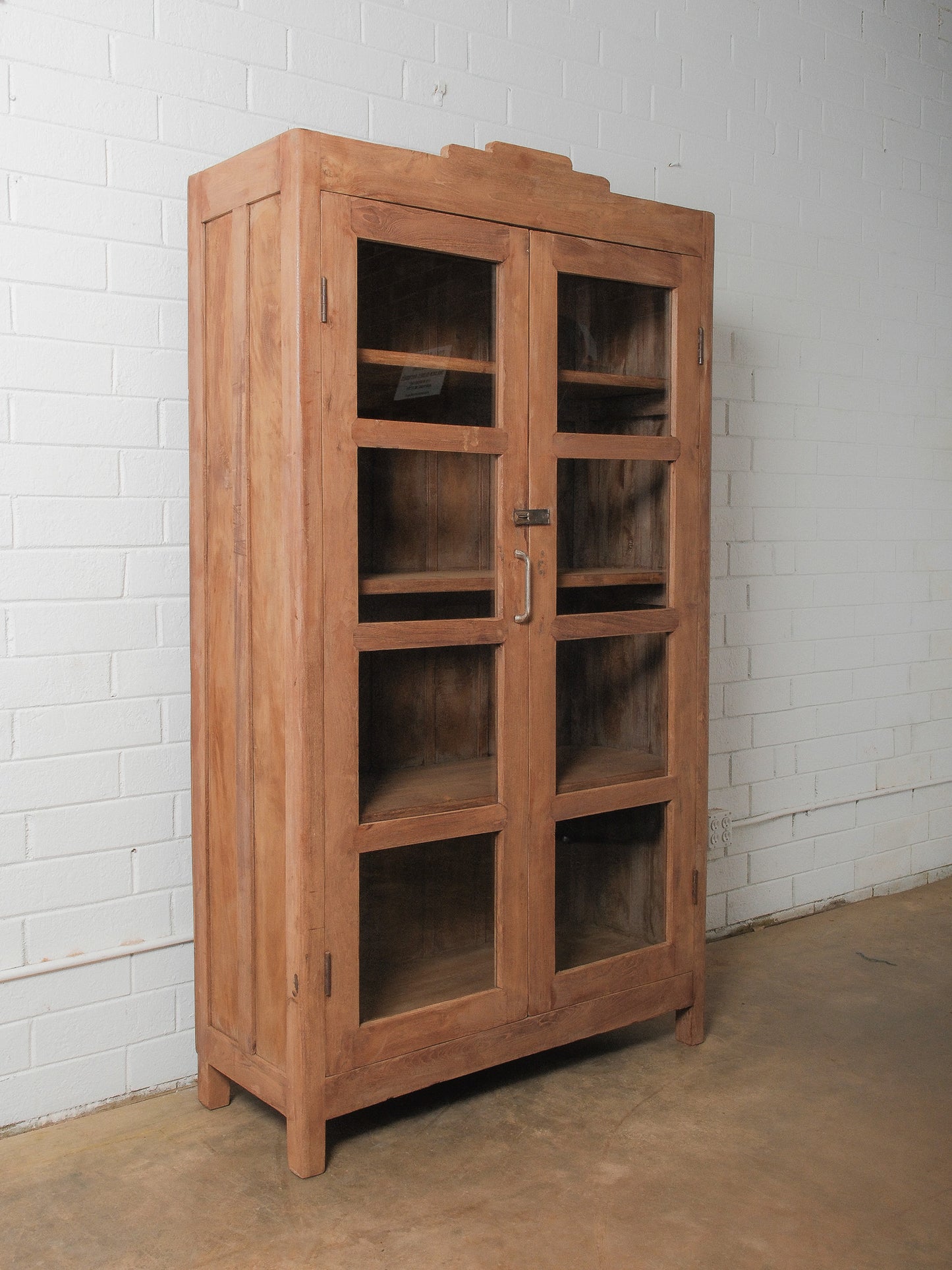 Wooden Glass-Front Almirah with Paneled Doors and Patinated Finish