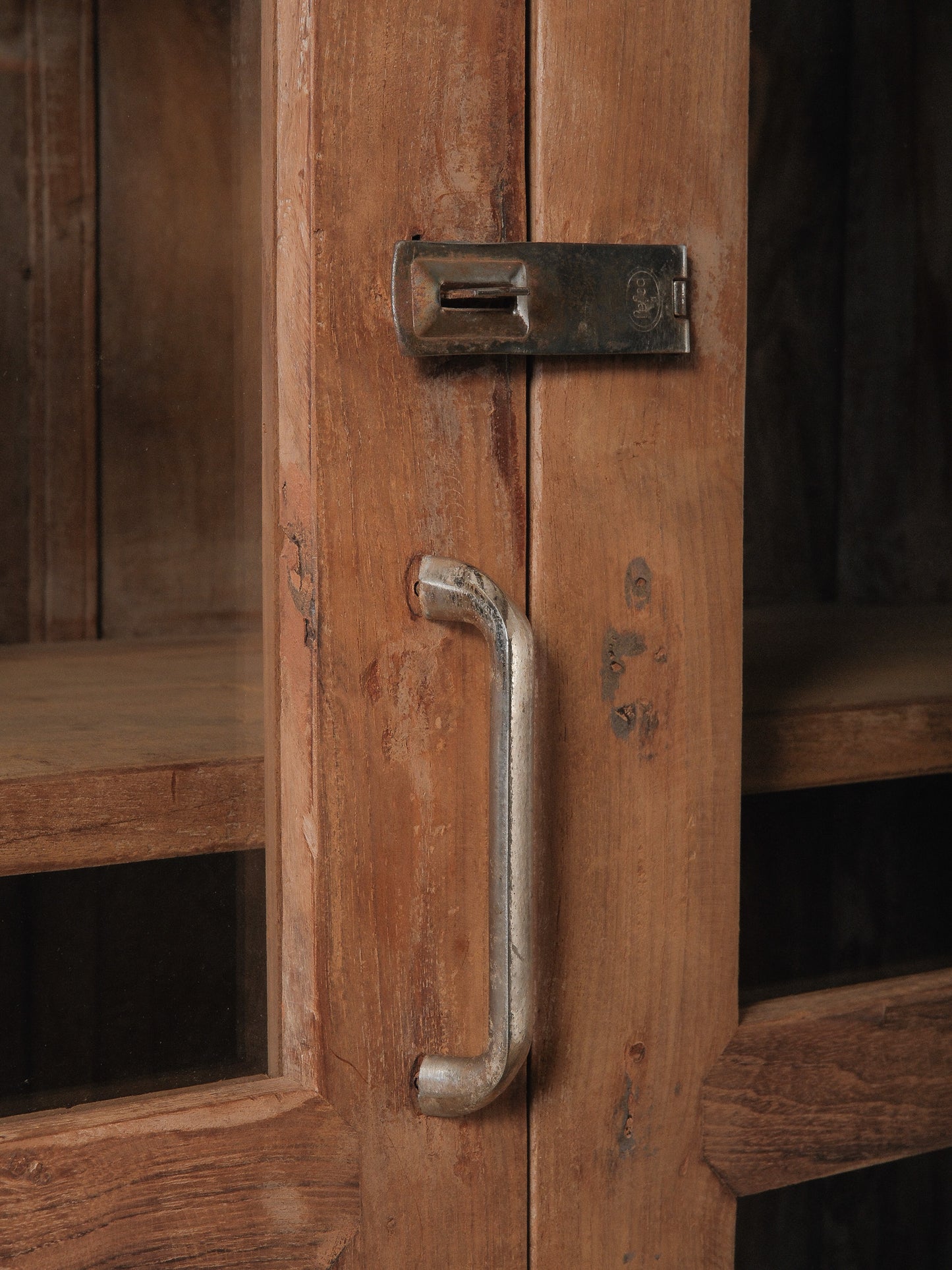 Wooden Glass-Front Almirah with Paneled Doors and Patinated Finish