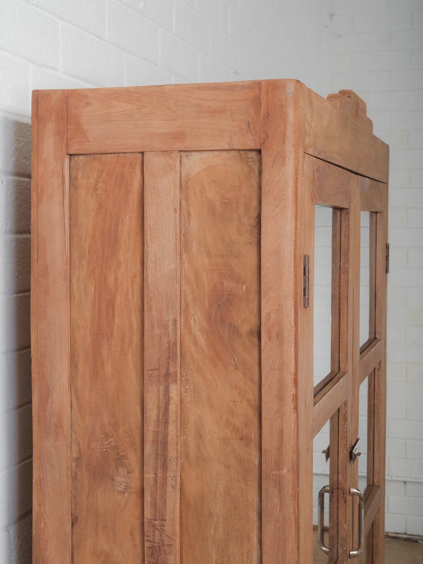 Wooden Glass-Front Almirah with Paneled Doors and Patinated Finish