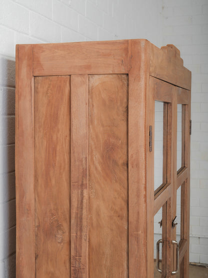 Wooden Glass-Front Almirah with Paneled Doors and Patinated Finish