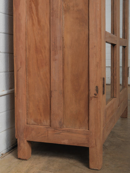 Wooden Glass-Front Almirah with Paneled Doors and Patinated Finish
