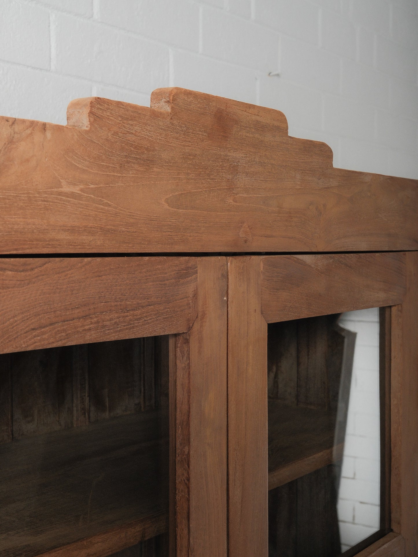 Wooden Glass-Front Almirah with Paneled Doors and Patinated Finish