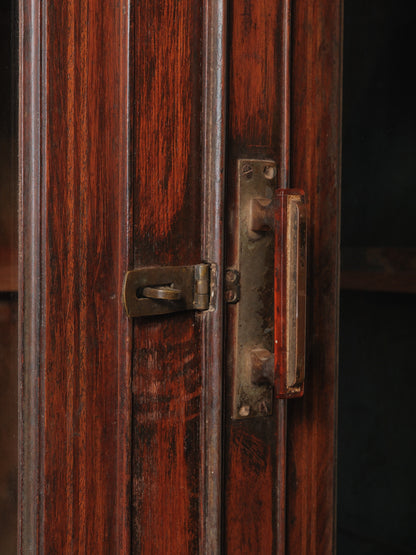 Large Two-Part Wooden Glass-Front Cabinet with Paneled Base and Carved Detail