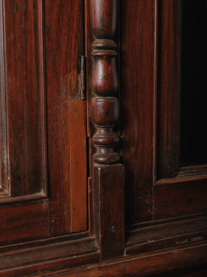 Large Two-Part Wooden Glass-Front Cabinet with Paneled Base and Carved Detail