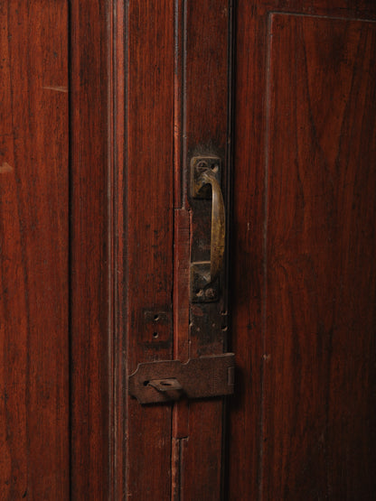 Large Two-Part Wooden Glass-Front Cabinet with Paneled Base and Carved Detail